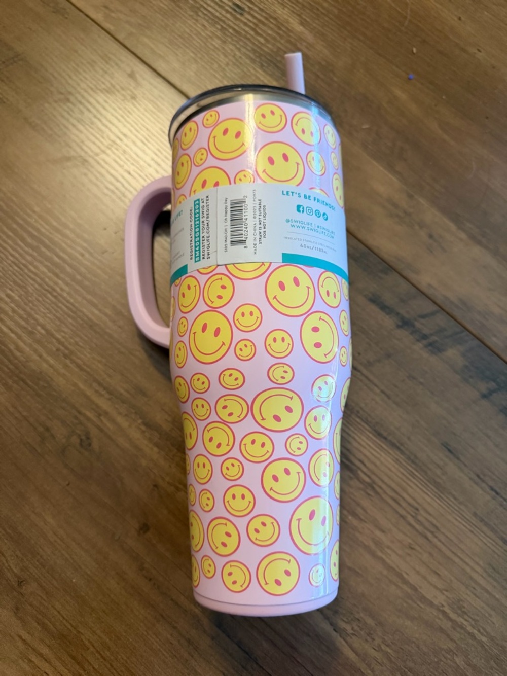 Swig Life Pink Smiley Stainless Travel Mug with Handle - Picture 2 of 4